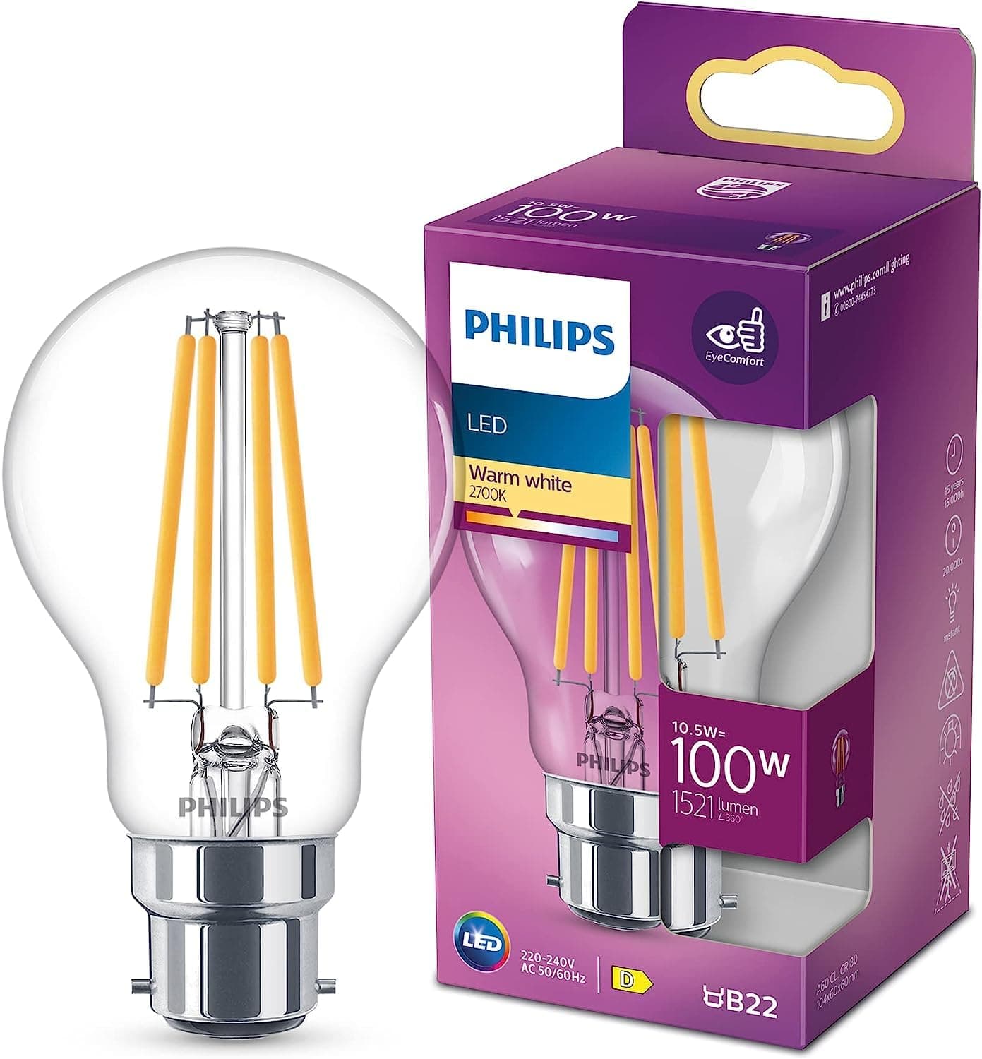 LED Classic A60 Light Bulb [B22 Bayonet Cap] 10.5W - 100W Equivalent, Warm White 2700K, Non Dimmable