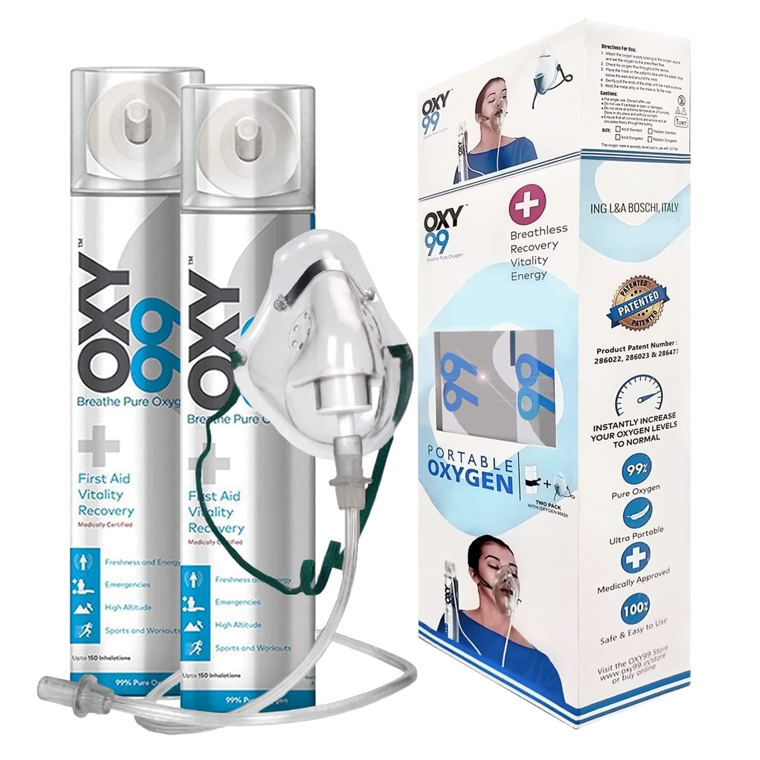 OXY99 Natural Oxygen Cylinder 2 Pack (12 ltr) with Mask, Tube & Elastic Strap - Oxygen Cylinder For Home, Oxygen Tank For Patients, Oxygen Can For Scuba Diving & Hiking Adventure, ING. BOSCHI ITALY