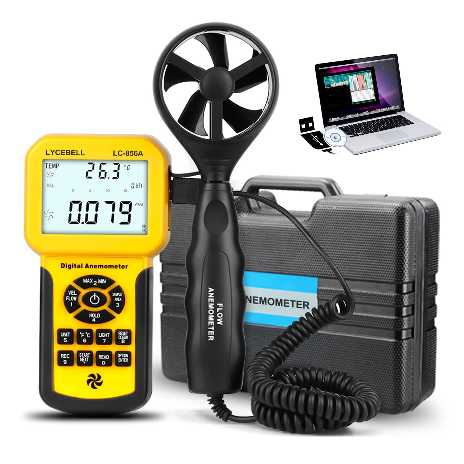LC-856A Pro Anemometer with Telescopic Sensor, Wind Speed Meter, Wind Velocity Airflow CFM Meter with Data Storage Back Light LCD for HVAC Sailing Drone Fishing (Suitcase Included)