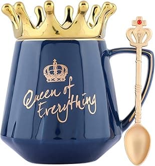 NYRWANA Coffee Mug, Gift for Woman, Birthday Present for Girlfriend, Wife Gifts for Anniversary, Holi Gifts, Queen of Everything Mug with Golden Crown & Spoon (350ml-Blue)