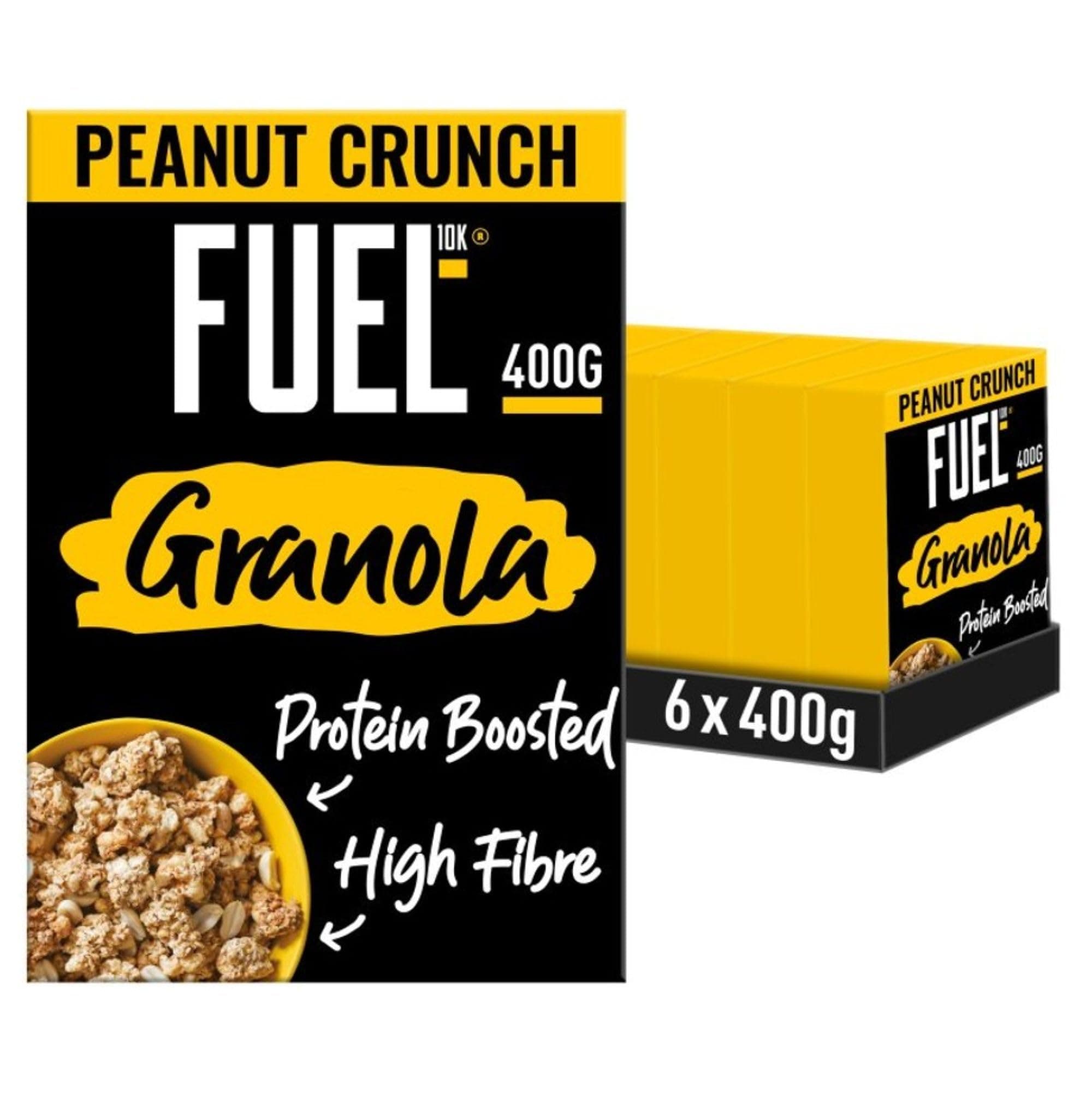 – FUEL10K Protein Boosted, Chunky Granola, Peanut Loaded, 6 x 400 Gram Box - High Fibre, Vitamin Boosted Vegan Cereal with Roasted Peanuts & Whole Grain Oat Flakes