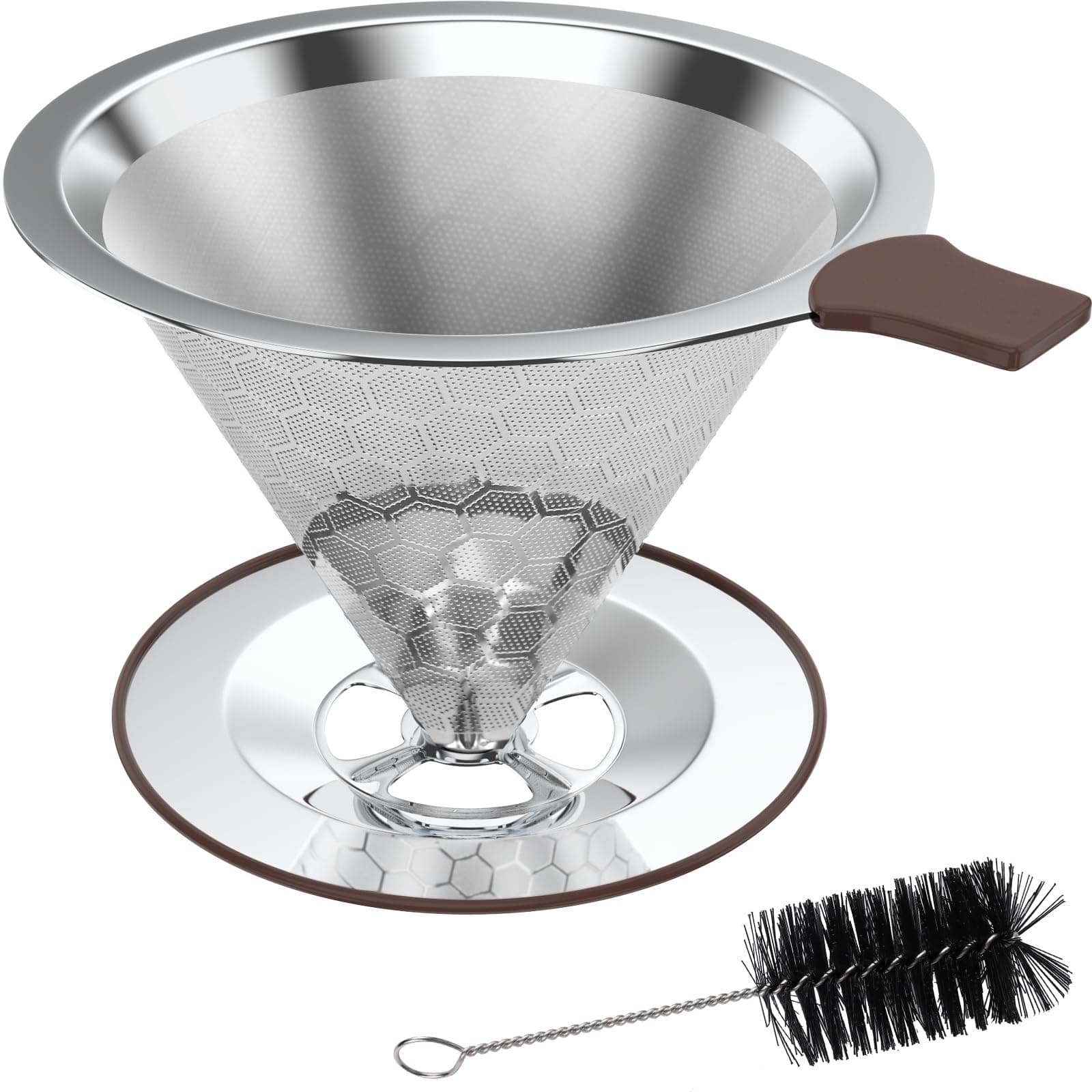 Pour Over Coffee Dripper, Paperless Reusable Coffee Filter, Pour Over Coffee Maker for Single Cup Brew, Double Mesh Design of Stainless Steel Cone Filter 3-4 Cups