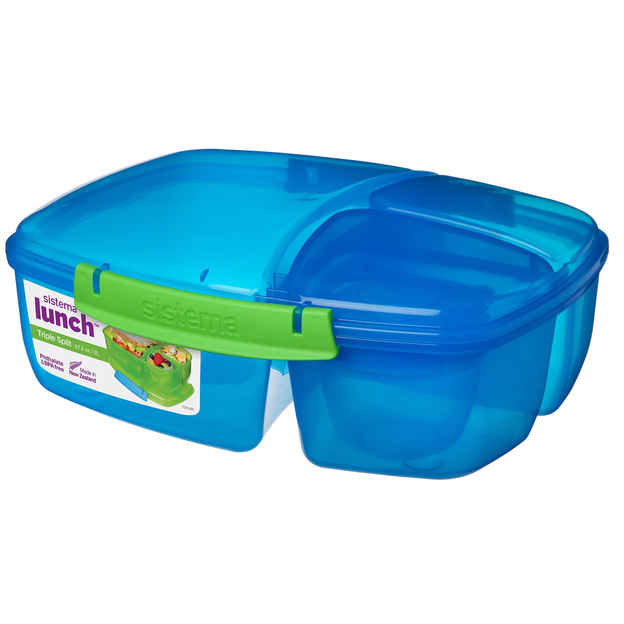 Sistema Lunch Triple Split Lunch Box with Yoghurt Pot 2 litres Food Container | BPA-Free | Blue/Green