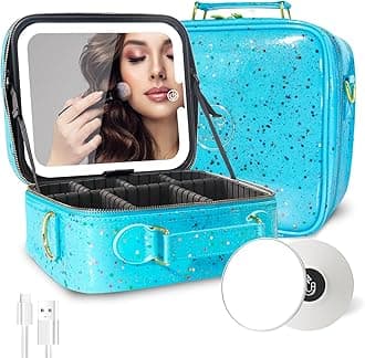 MOMIRA Travel Makeup Bag Cosmetic Bag with Lighted Mirror, Adjustable Brightness in 3 Color Scenarios/Detachable makeup mirror, 2024-All-round Upgrade, Waterproof, Gift for Women -Glett Blue