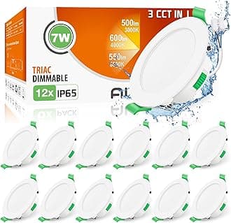 ALUSSO IP65 LED Downlights Dimmable 7W Slim Recessed Ceiling Lights, 3CCT 3000K Warm 4000K Neutral 6500K Cool Adjustable Bathroom Spotlights, White, 12 Pack