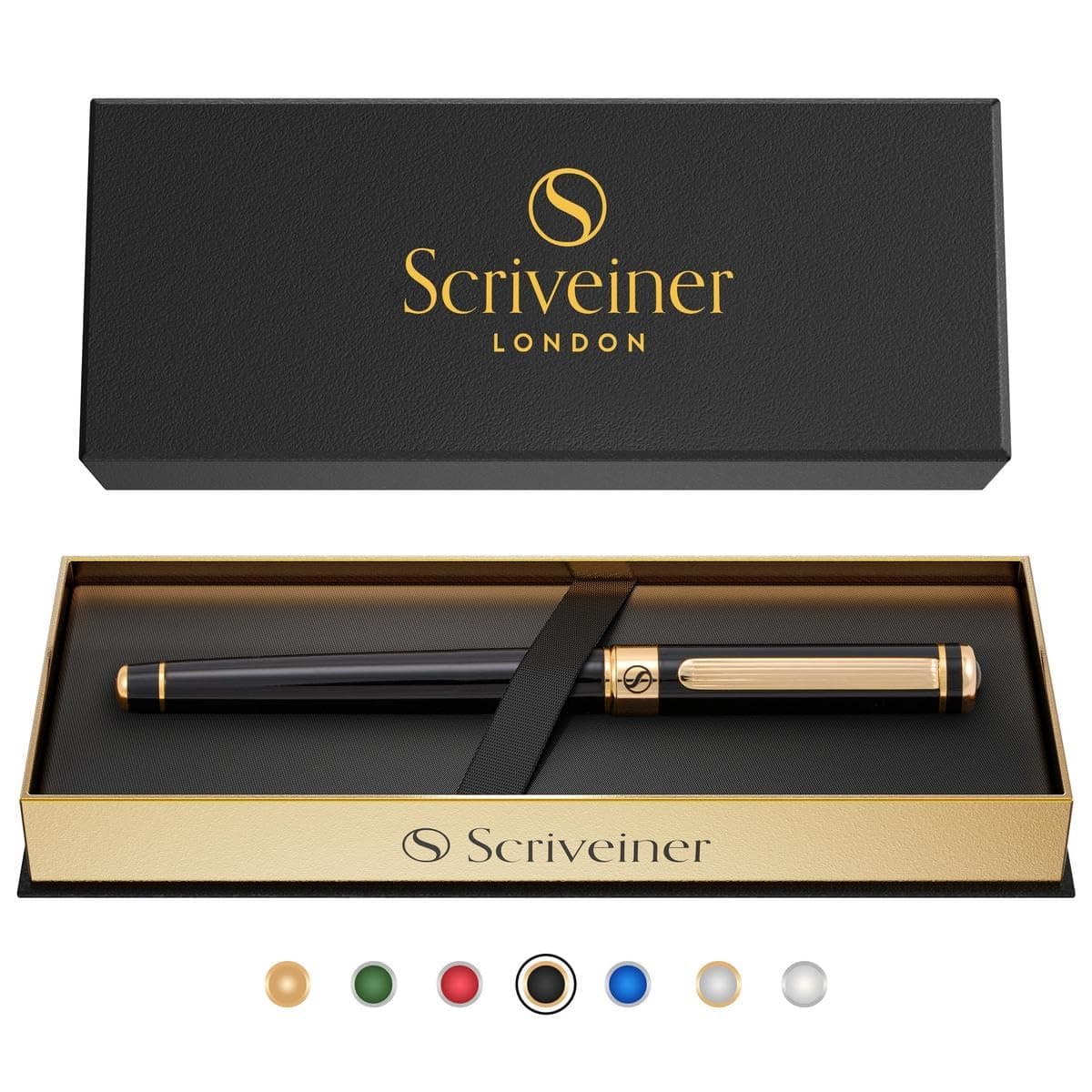 Scriveiner Black Lacquer Rollerball Pen - Multi Award Winning Luxury Rollerball Real Gold Plating, Schmidt Refill, Quality Executive Writing Pen for the Office, Journaling or Gift Set for Men & Women