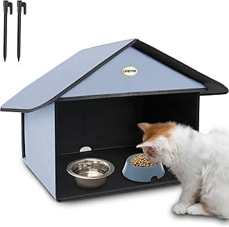 Dreyoo Outdoor Cat Feeding Station for Food & Water, Weatherproof Outdoor Kitty Dining Room Cat Shelter for Stray, Feral Cats and Community Cats, 13”d x 17”w x 15.5'h(1 Pack,Dusty Blue)