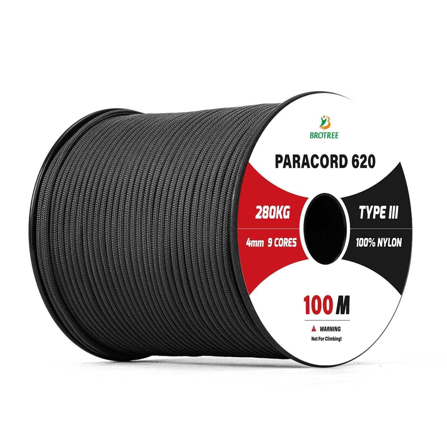 BROTREE Paracord 4mm 100M 9 Strands 100% Nylon Rope Type 3 Parachute Cord for Survival, Outdoor, Bracelet, DIY - 280kg Breaking Load (Black)