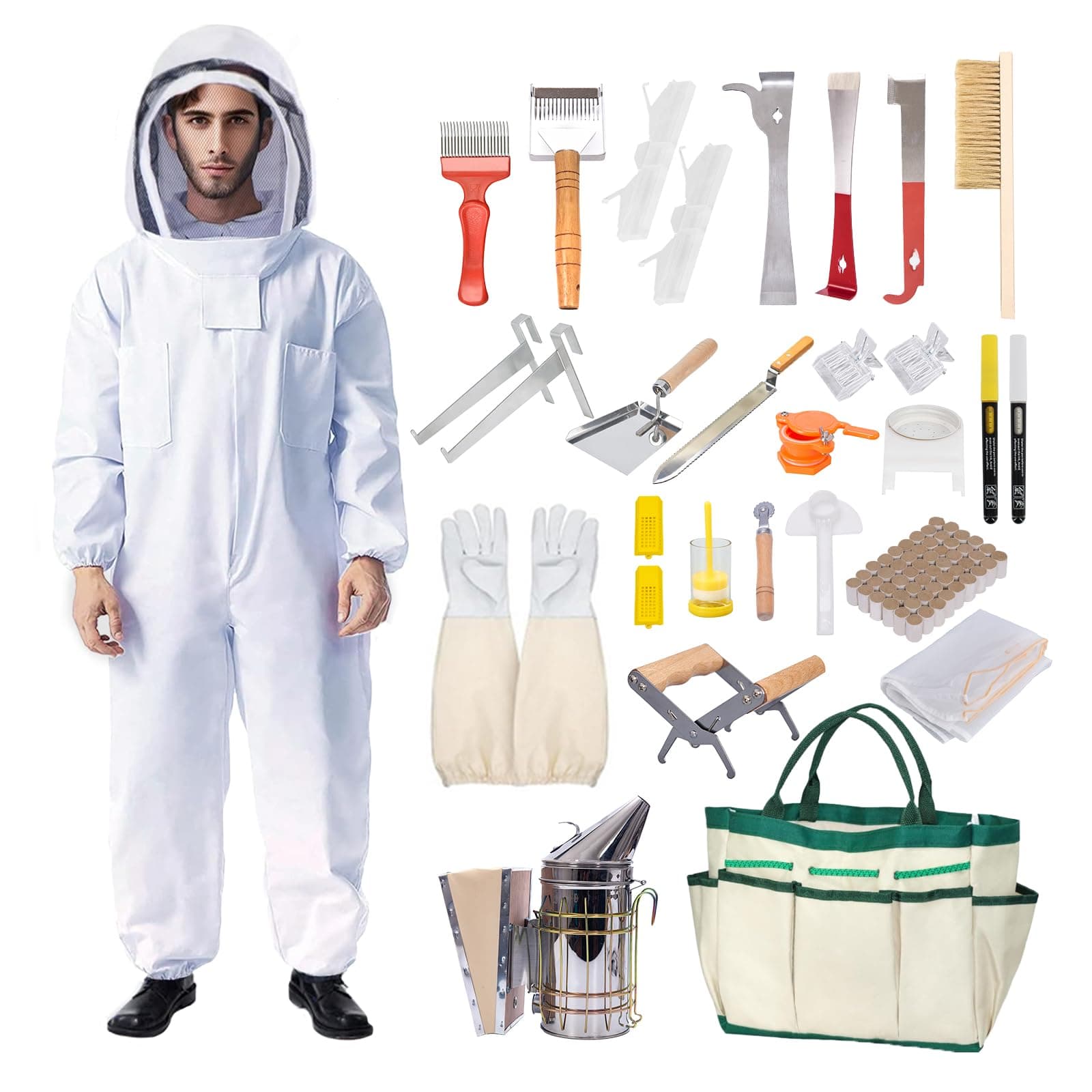 31Pcs Beekeeping Supplies Starter Kit with Bee Suit – Includes Bee Smoker, Beehive Frame Holder, Frame Grip, Hive Tool, Bee Marking Pen & More Tools for Beginner Beekeepers (XL)