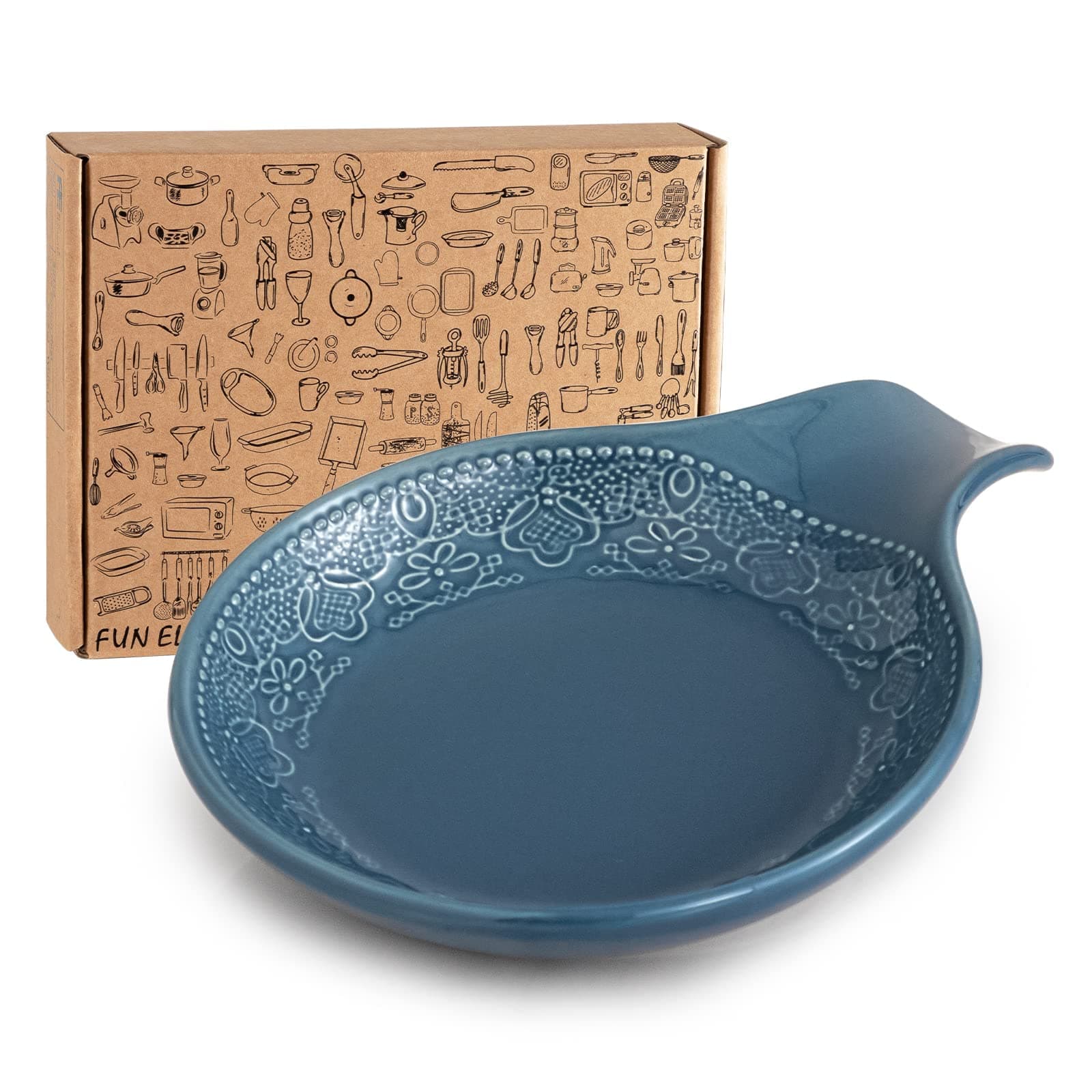 Lace Embossed Utensil Tray, Ceramic Spoon Rest, 5.5" diameter (Grayish Blue)