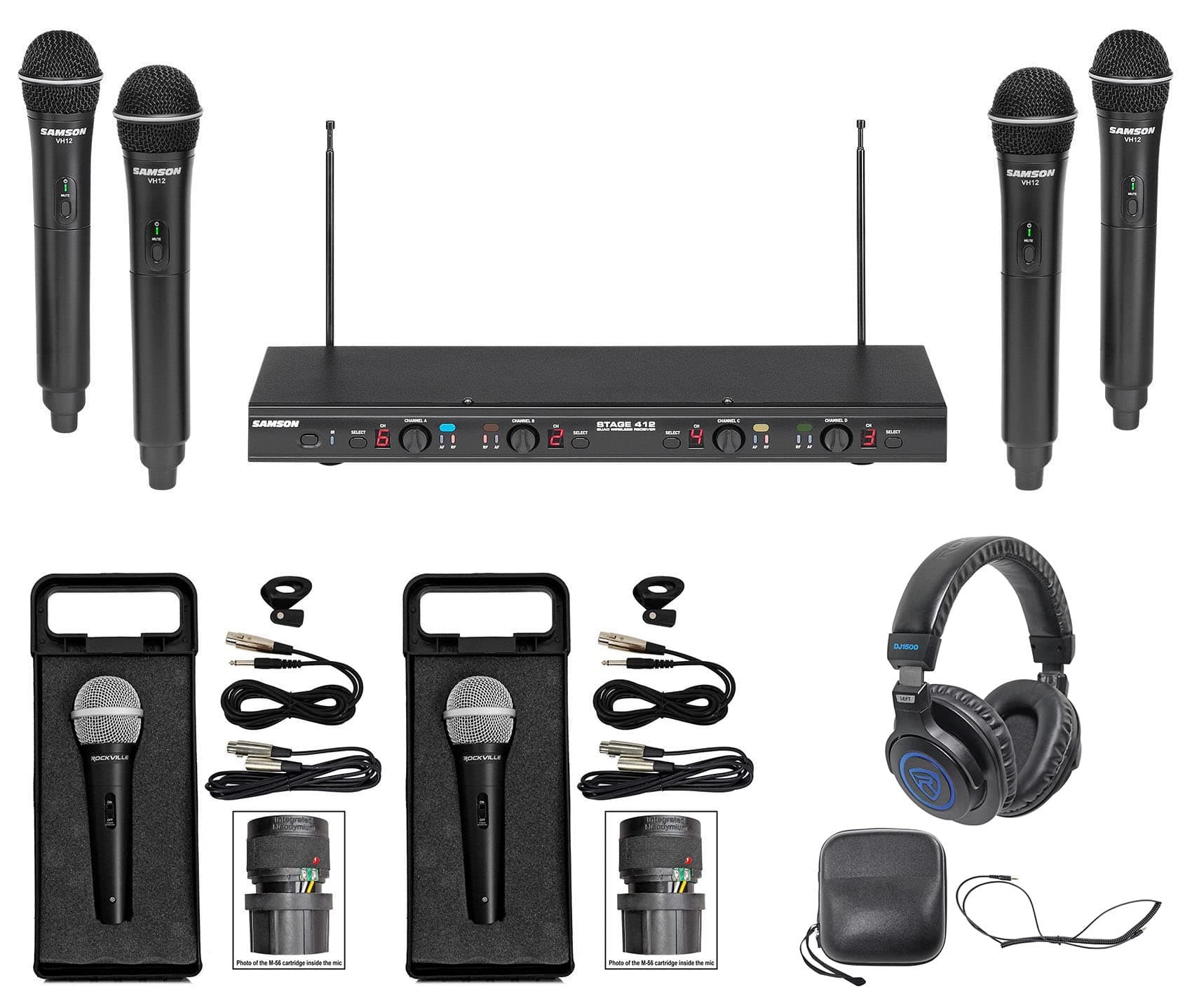 Samson Stage-412 Quad Handheld VHF Wireless Microphones+2 Wired Mics+Headphones