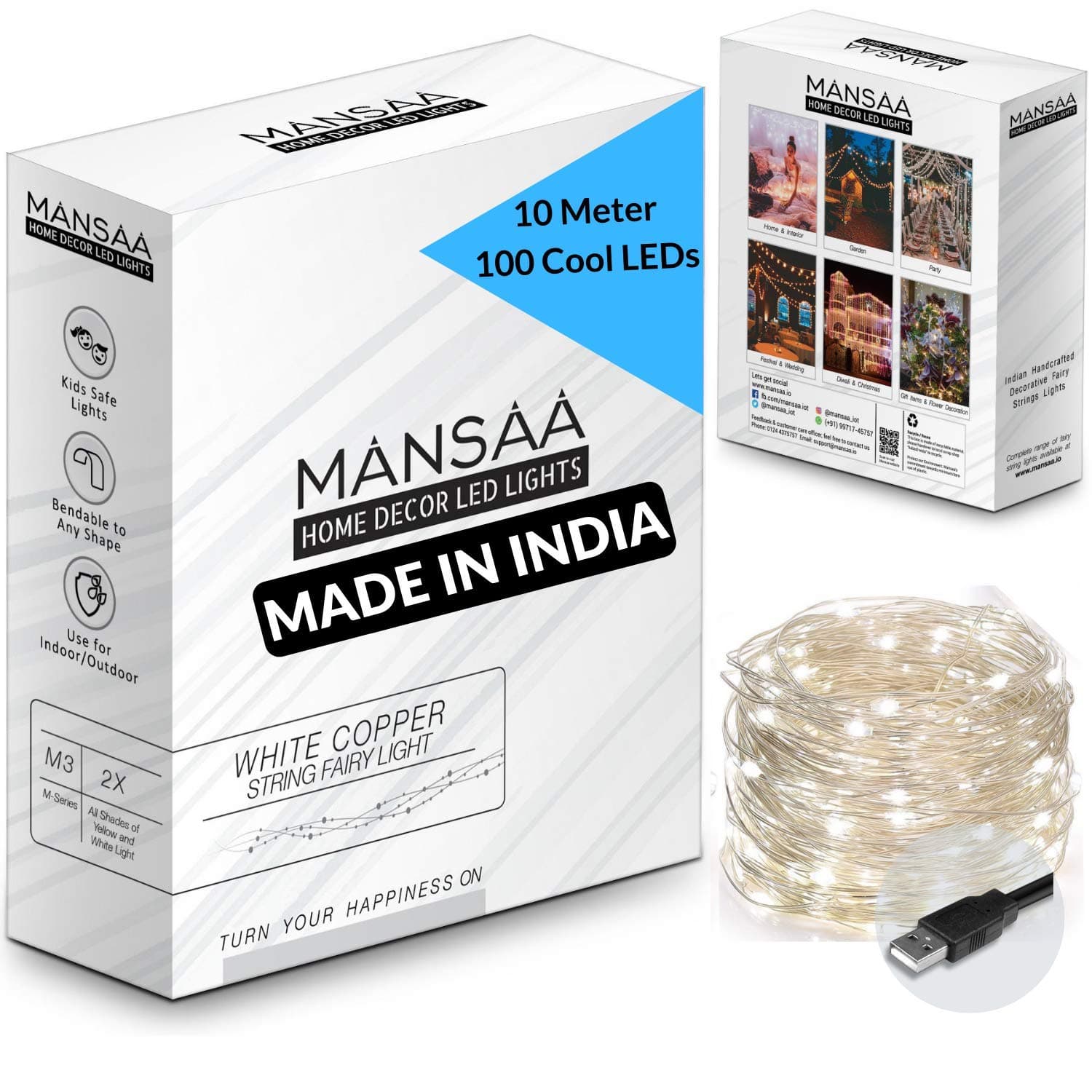 MANSAA M6 USB LED String Light | 10 Meter 100 LEDs | White Color | USB Operated | Home Decor LED Light