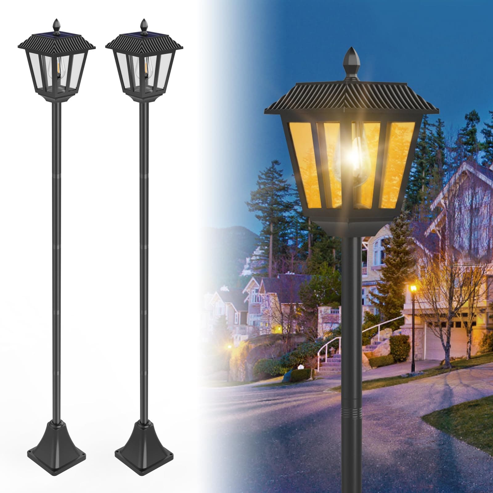 A.bigwhale 2 Pack 67" Solar Lamp Post Lights, 3000K Outdoor Solar Post Light Waterproof, Pole Light Outdoor Decorative Floor Lamp Vintage for Patio, Garden, Backyard, Pathway, Front/Back Door
