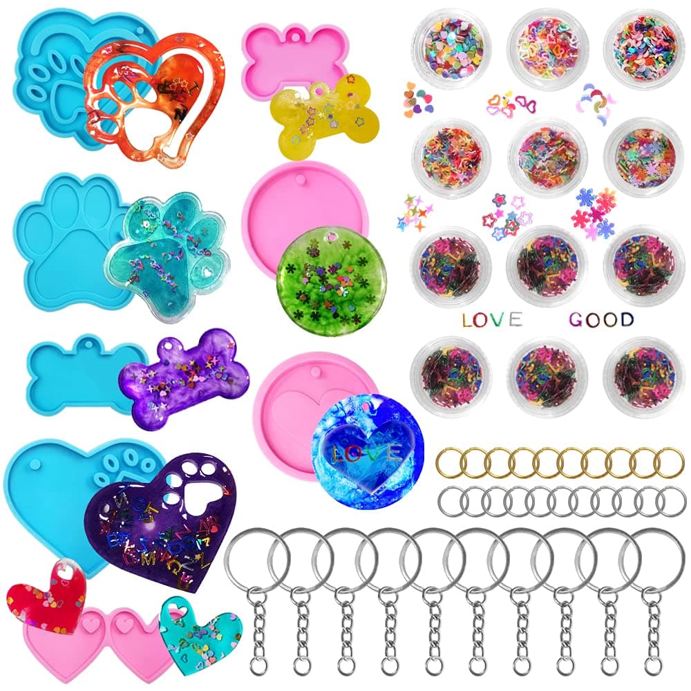AFUNTA 8 PCS Resin Molds Silicone Kit, Keychain Molds for Epoxy Resin, Bear Paw Dog Bone Silicone Mold Heart Shaped Keychain Mold with 10 Key Rings, for DIY Keychain Pendant Craft, Chocolate, Candy
