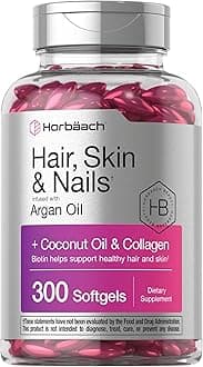 Horbäach Hair Skin and Nails Vitamins | 300 Softgels | with Biotin and Collagen | Infused with Argan Oil and Coconut Oil | Non-GMO, Gluten Free Supplement | by