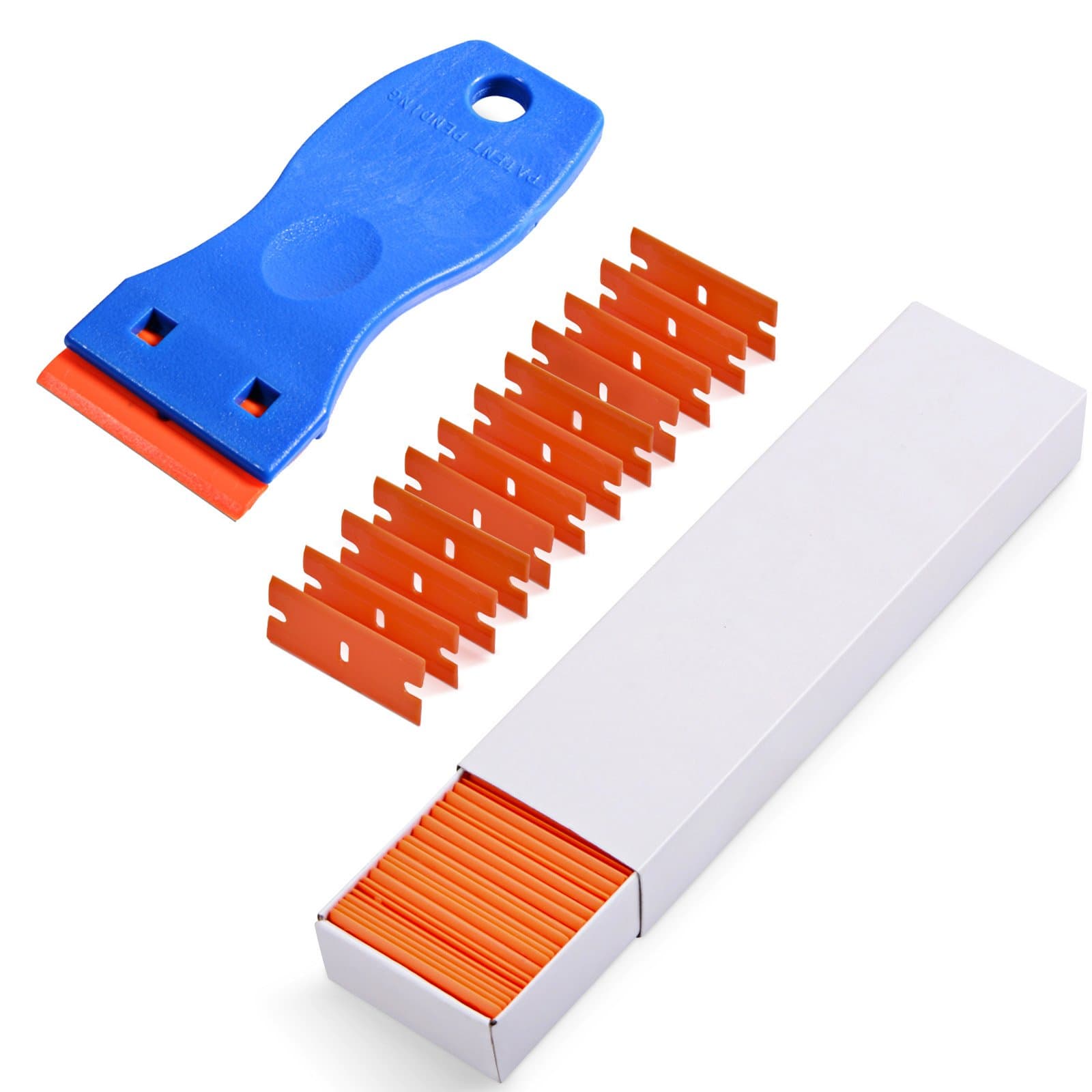 Ehdis Plastic Scraper with 100 Plastic Razor Blade, Adhesive Remover, Sticky Remover for Removing Label, Glue, in The Glass, Window, 1.5 inch, Blue