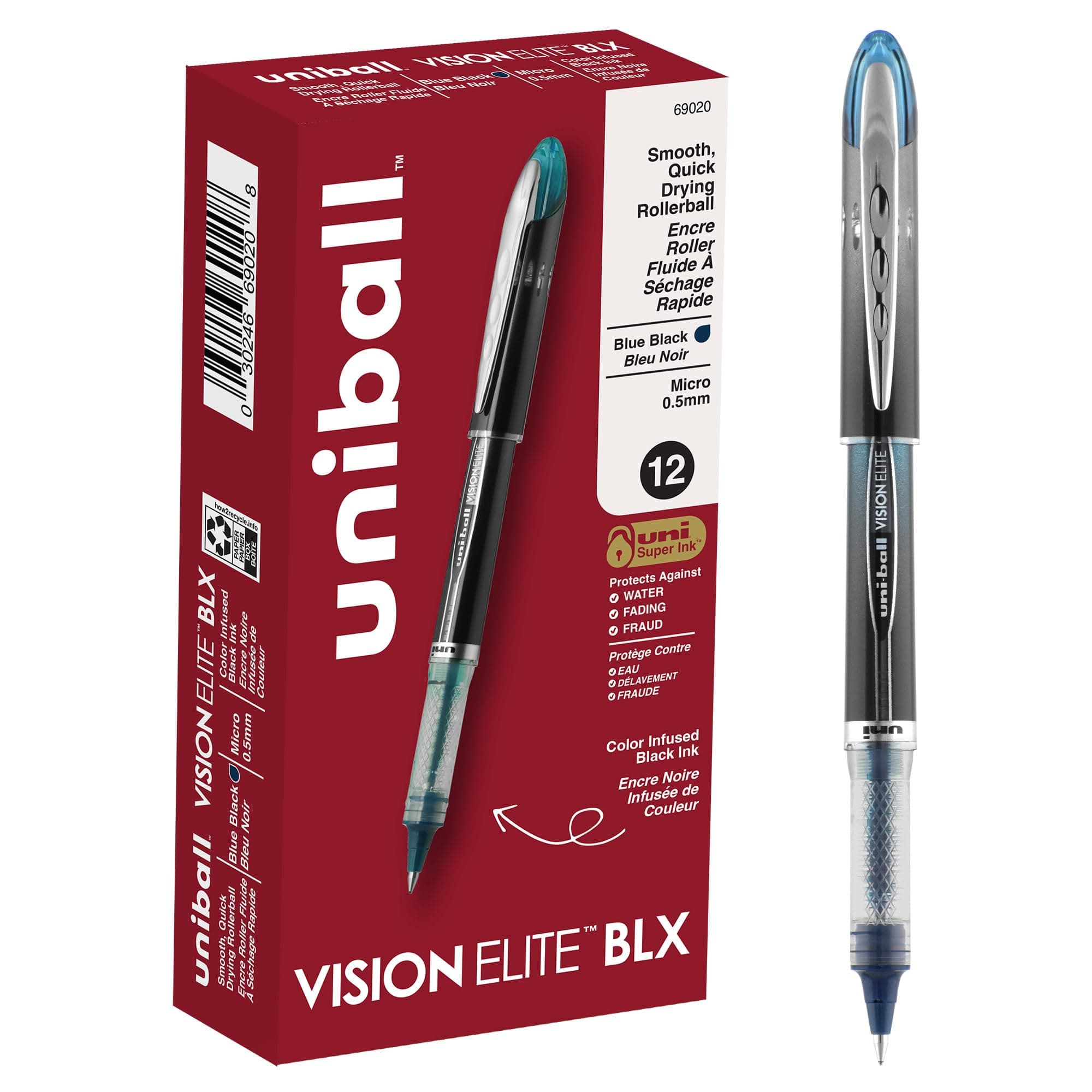 uniball Vision Elite BLX Rollerball Pens, Micro Point (0.5mm), Blue BLX Ink, 12 Pack
