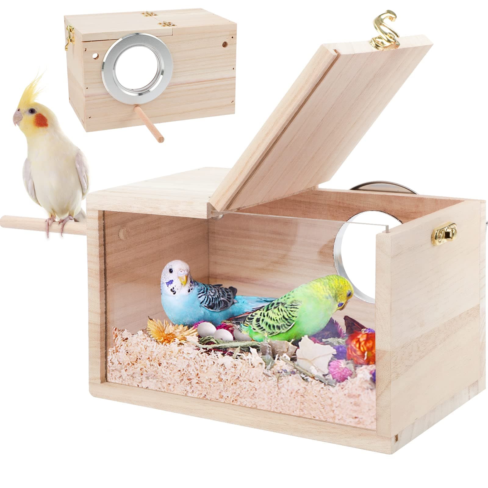 Rypet Parakeet Nesting Box Transparent Design, Thwartwise Bird Nest Breeding Box with Perch Wood Bird Cage House for Cockatiel Lovebirds Budgie Finch Parrotlets Canary S