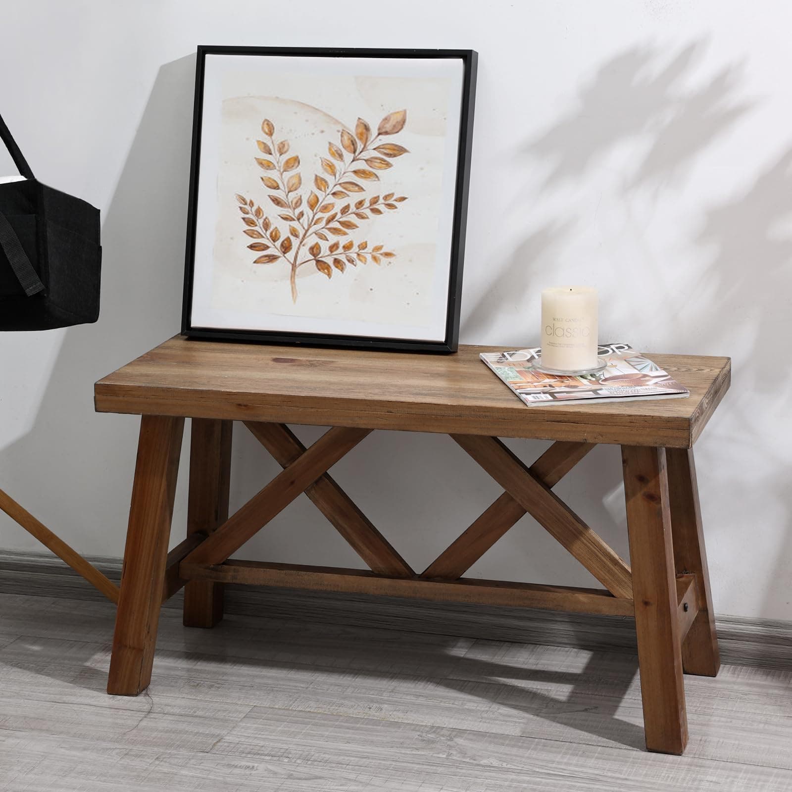 Wnutrees 30" Farmhouse Wood Bench, Rustic Solid Wood Entryway Bench Seat with Double X-Structure for Dining Room, Living Room, Hallway, Bedroom, Structural Stability, Natural