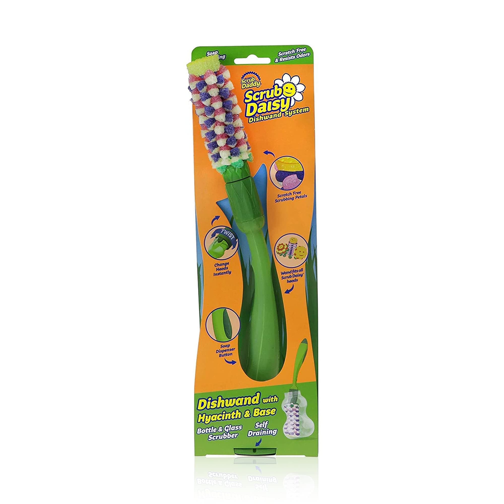 Scrub Daddy 700BH8CT Scrub Daisy Dishwand System-Scratch Free and Odor Resistant Head with Soap-Dispensing Wand and Self-Draining Base-The Hyacinth Bottle & Glass Scrubber, Hyacinth Wand