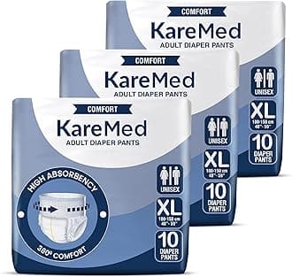 KareMed Comfort Adult Diaper Pants, Extra Large 100-150 Cm (40"- 59"), Unisex, Leakproof, Elastic Waist, Wetness Indicator, Pack of 3, 30 Count