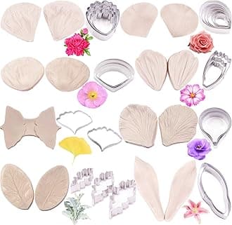16set Gum Paste Flower Tools Kit- 8set Flower Silicone Mold and 8set Stainless Steel Fondnat Cutter Gumpaste Cookie Cutter Sugarcraft Making tools for Wedding,Birthday Cake Decorating