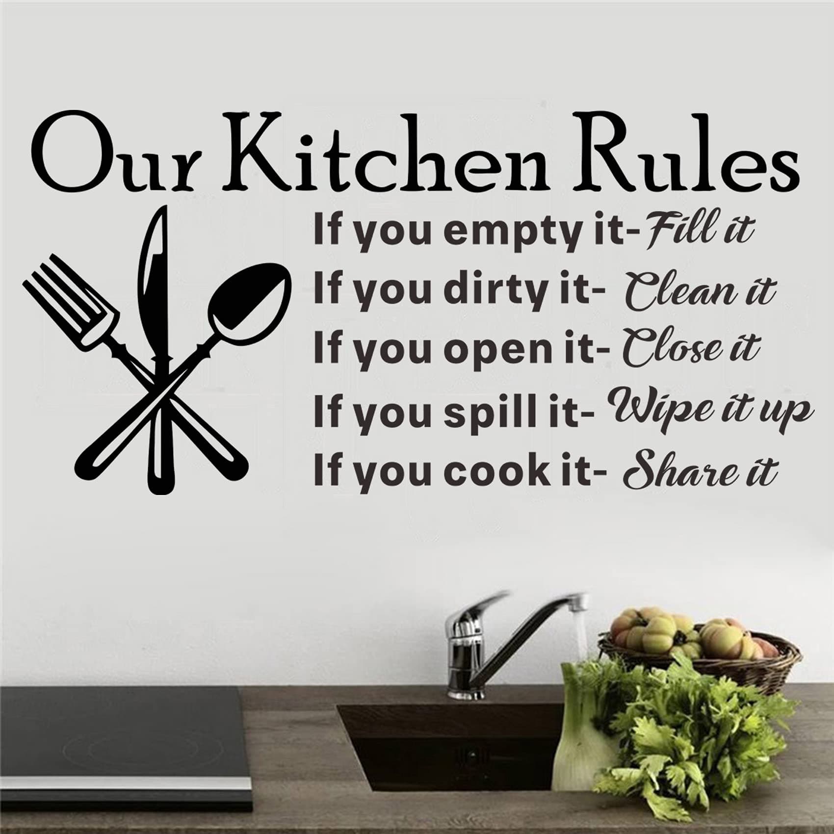 Kitchen Wall Stickers, Our Kitchen Rules Wall Decals, Removable Wall Decor Art DIY Knife Fork Spoon Quotes Stickers Mural for Dinner Room Livingroom Window Home Decoration Wallpaper