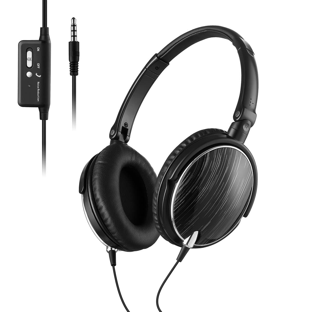 Active Noise Cancelling Over-Ear Headphones with Inline Microphone and Carrying Case, Lightweight Travel Headset, Black, Wired