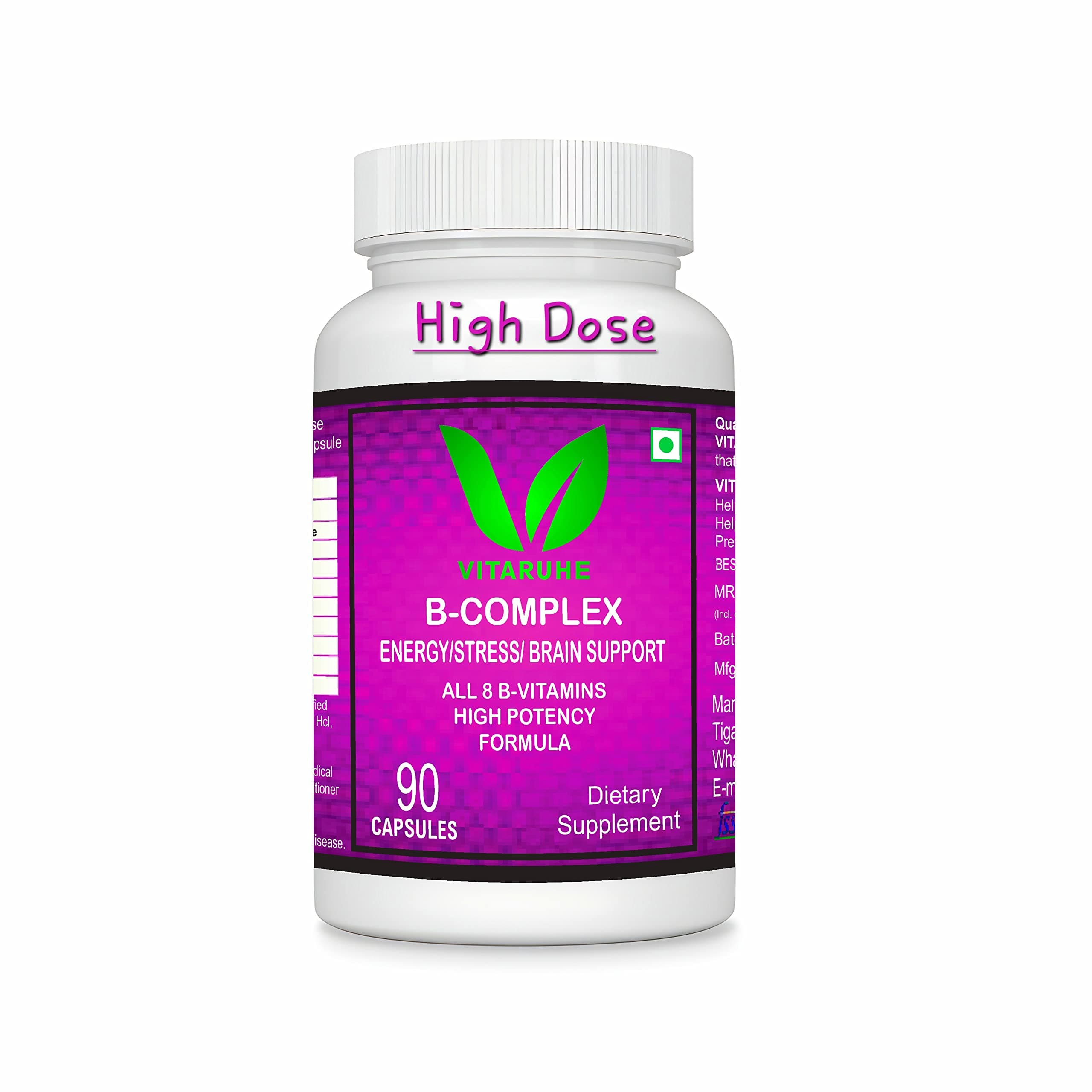 High Strength Vitamin B-Complex B1, B2, B3, B5, B6, B7, B9, B12 Vegan 90 Capsules, 3 Months SUPPLY