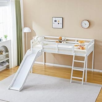 JOYMOR Bunk Bed with Curved Slide, Low Bunk Bed Twin Over Twin with Slide and Angled Ladder, Solid Pine Wood Frame,14" Safety Guardrail, Anti-Slip Steps (White, Twin)