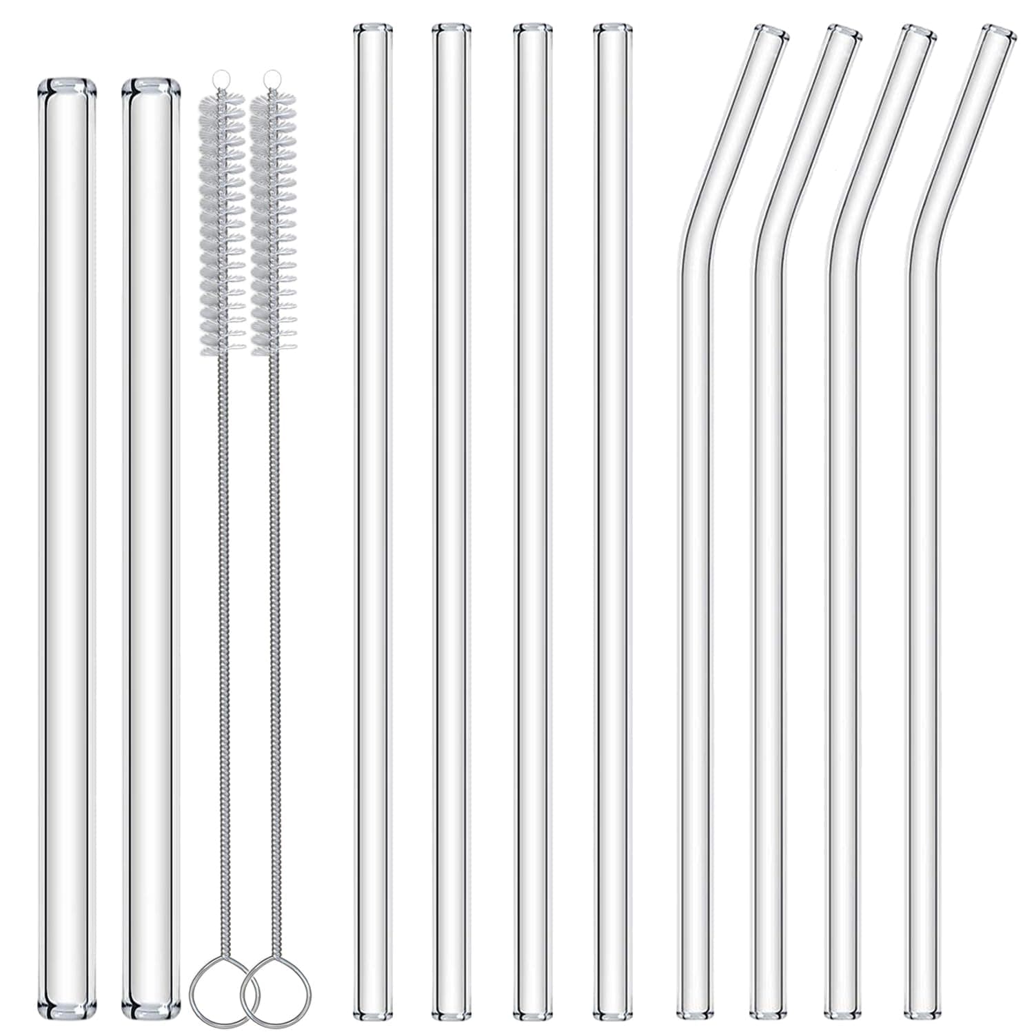 Reusable Glass Straws 10-Pack Drinking Straw 4 Bent + 4 Straight + 2 Wider Smoothie Straws with 2 Cleaning Brushes