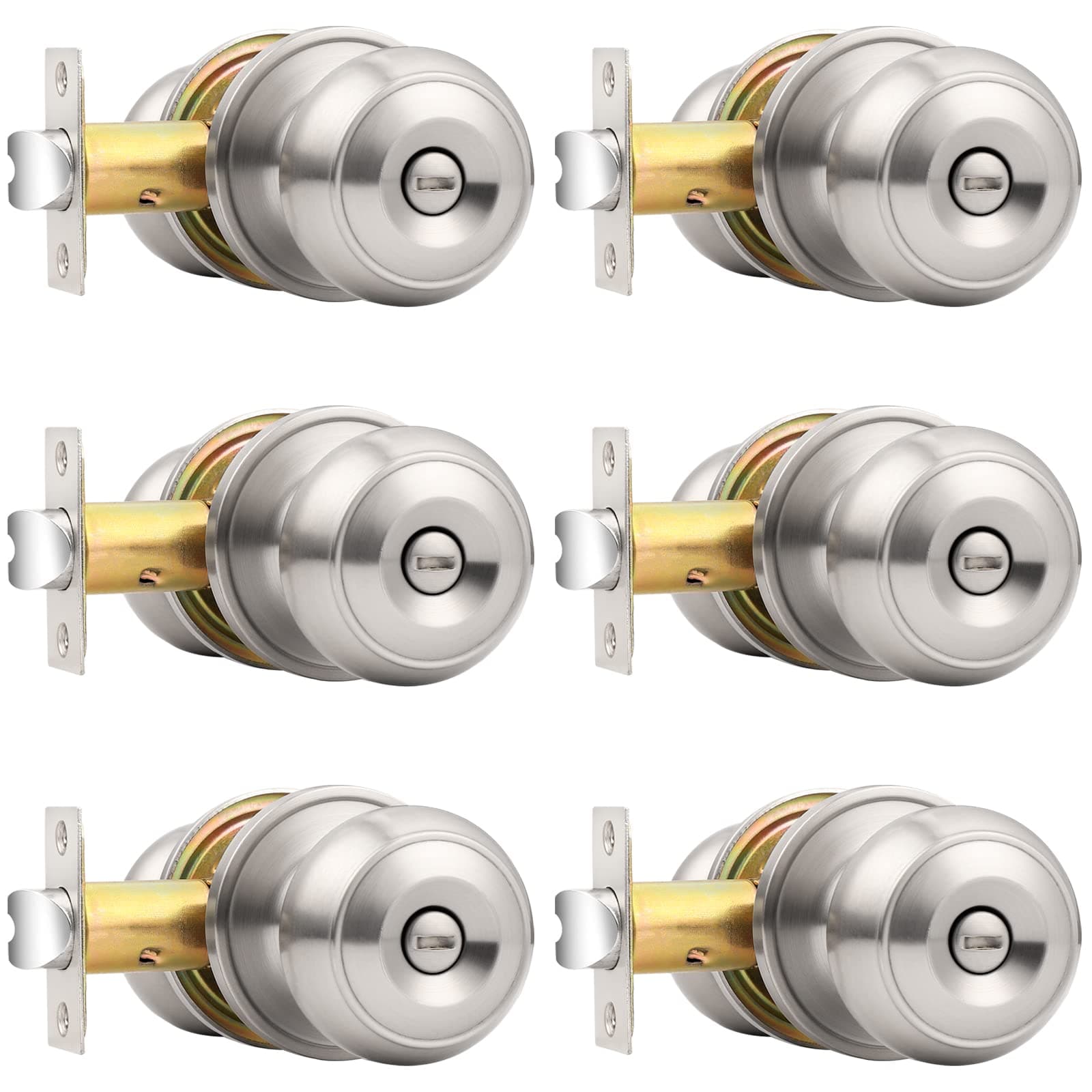 Privacy Interior Door Knobs Bed and Bath Handles Keyless Sain Nickel Locksets, 6 Pack