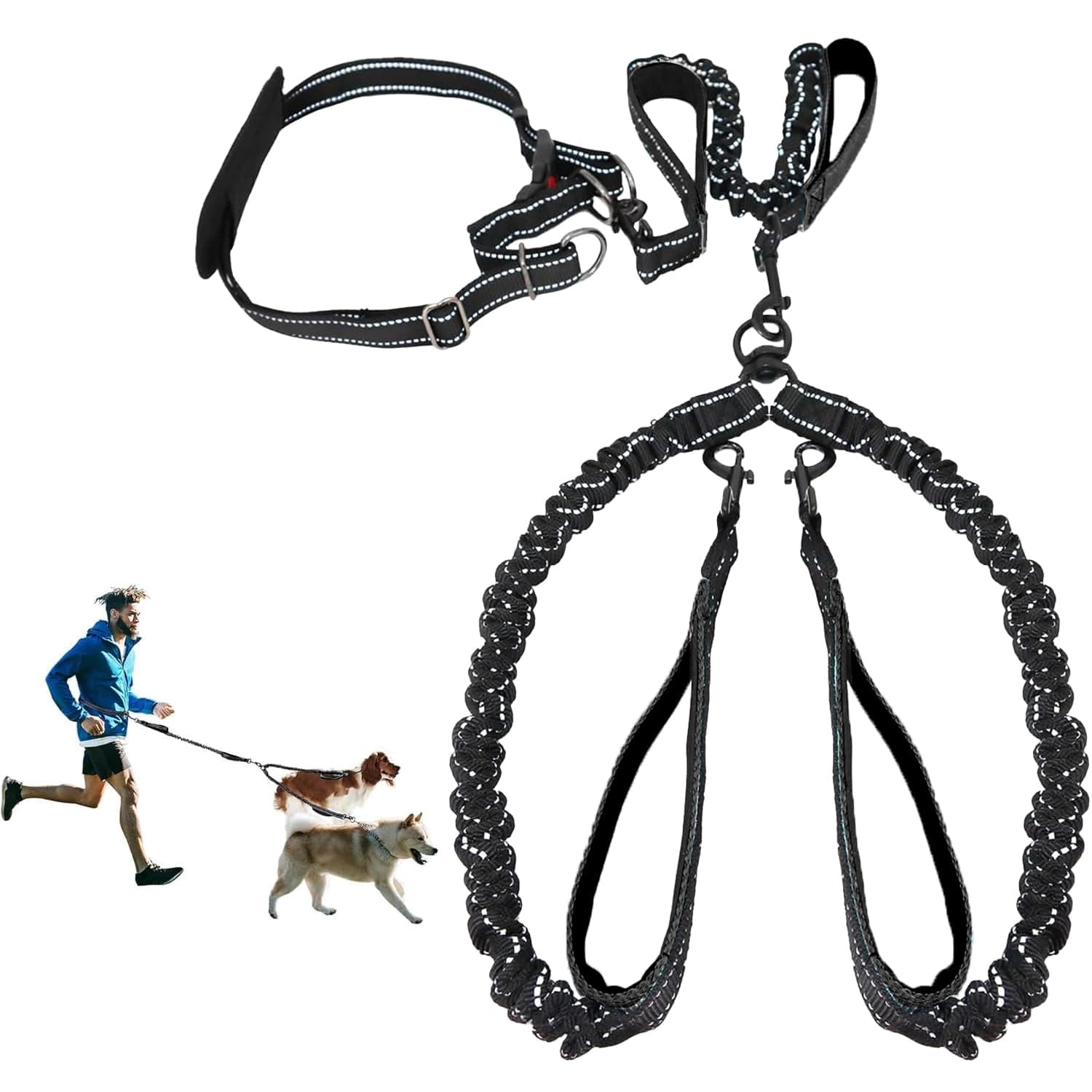 Hands Free Dog Leash, Double Leash for Running Comfortable Walking Jogging Training Hiking, Long Padded No Tangle 360° Swivel Clasp Adjustable Dual Lead Leashes, Black