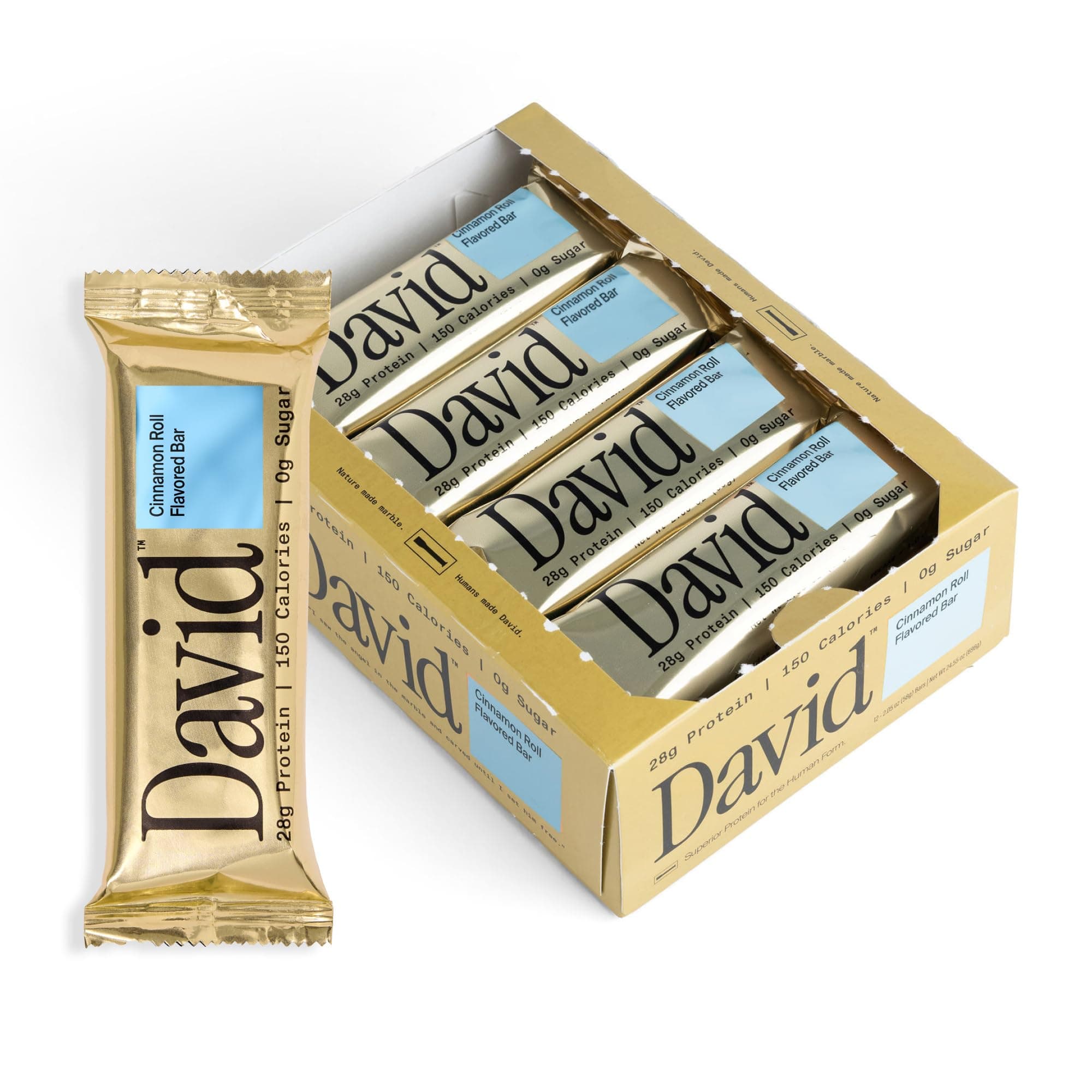 David Protein Bar, Cinnamon Roll, Pack of 12 Protein Bars | 28g of Protein | 150 Calories | 0g of Sugar - High Protein, Low Carb, Gluten Free Protein Bar