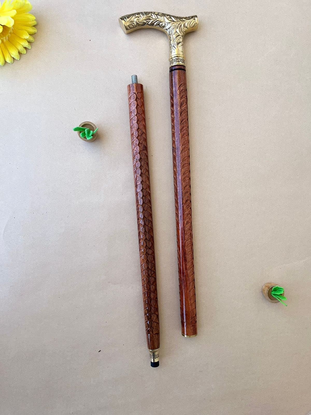 Kala KunjElegent T-shaped Carved Solid Brass Head with Hand Carved Natural Wood Walking Sticks Classic Design Decorative Walking Cane Fashion Statement for Men/Women/Seniors/Grandparents. 3 folds