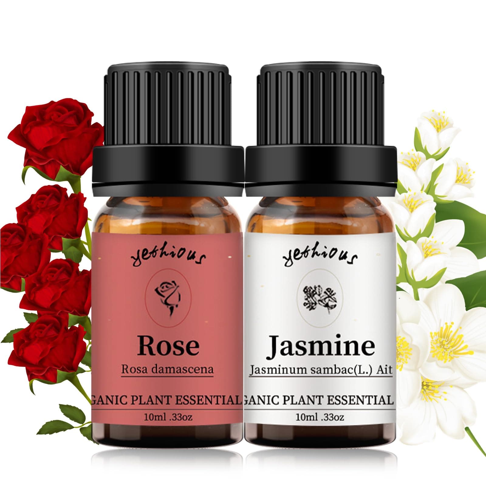 yethious 2 Pack Rose Jasmine Essential Oil Set 100% Organic Pure Aromatherapy Gift Oil - 2x 10ml 0.33oz