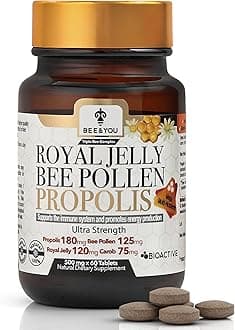 Bee and You Royal Jelly Tablets with Propolis Extract, Bee Pollen, Vitamins and Minerals Supplement, Daily Immune and Energy Support, Gluten Free, 60 Count