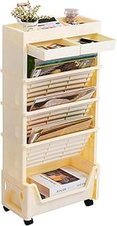 AGTEK 5 Tier Rolling Utility Cart, Book Cart with Wheels, Office Book Carts with Divided Top Shelf for Organizing Books and Supplies in Home, Office, Classroom, Beige