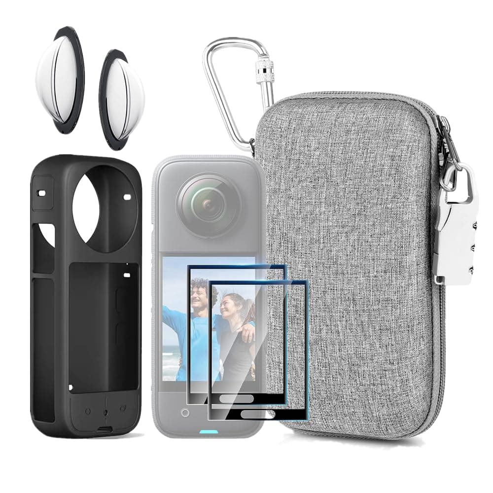 7in1 Compatible with Insta360 X3 Accessories Kit[Silicone Camera Case][Lens Guards Cover][Screen Protector Film][Outdoor Carrying Case Bag with Auto Locking Carabiner and Anti-Loss Lock]