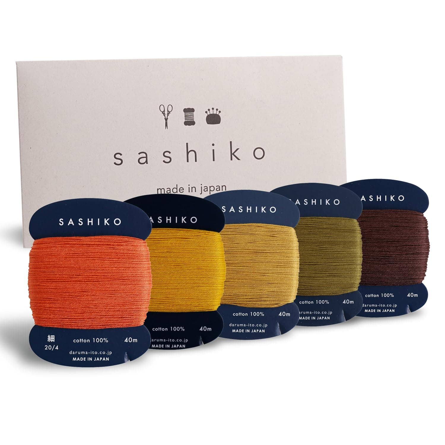 DARUMA Sashiko Thread 100% Cotton Card Type (43.7 yd) x 5 Colors with English Manual, Sewing & Embroidery Value Set with Gift Package(Thin, Kouyou)