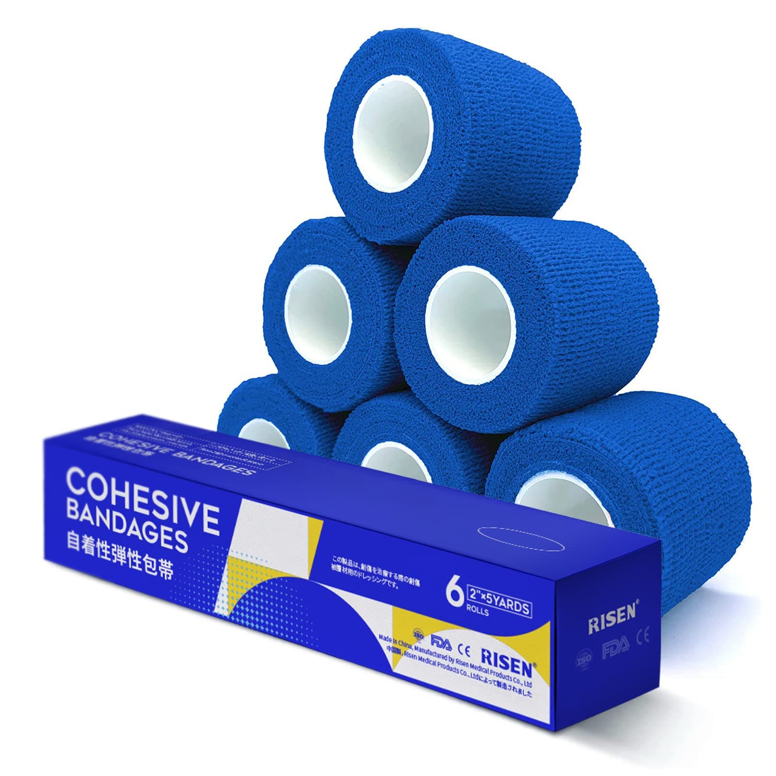 RISEN Cohesive Bandage 2” x 5 Yards, 6 Rolls, Self Adherent Wrap Medical Tape, Adhesive Flexible Breathable First Aid Gauze Ideal for Stretch Athletic
