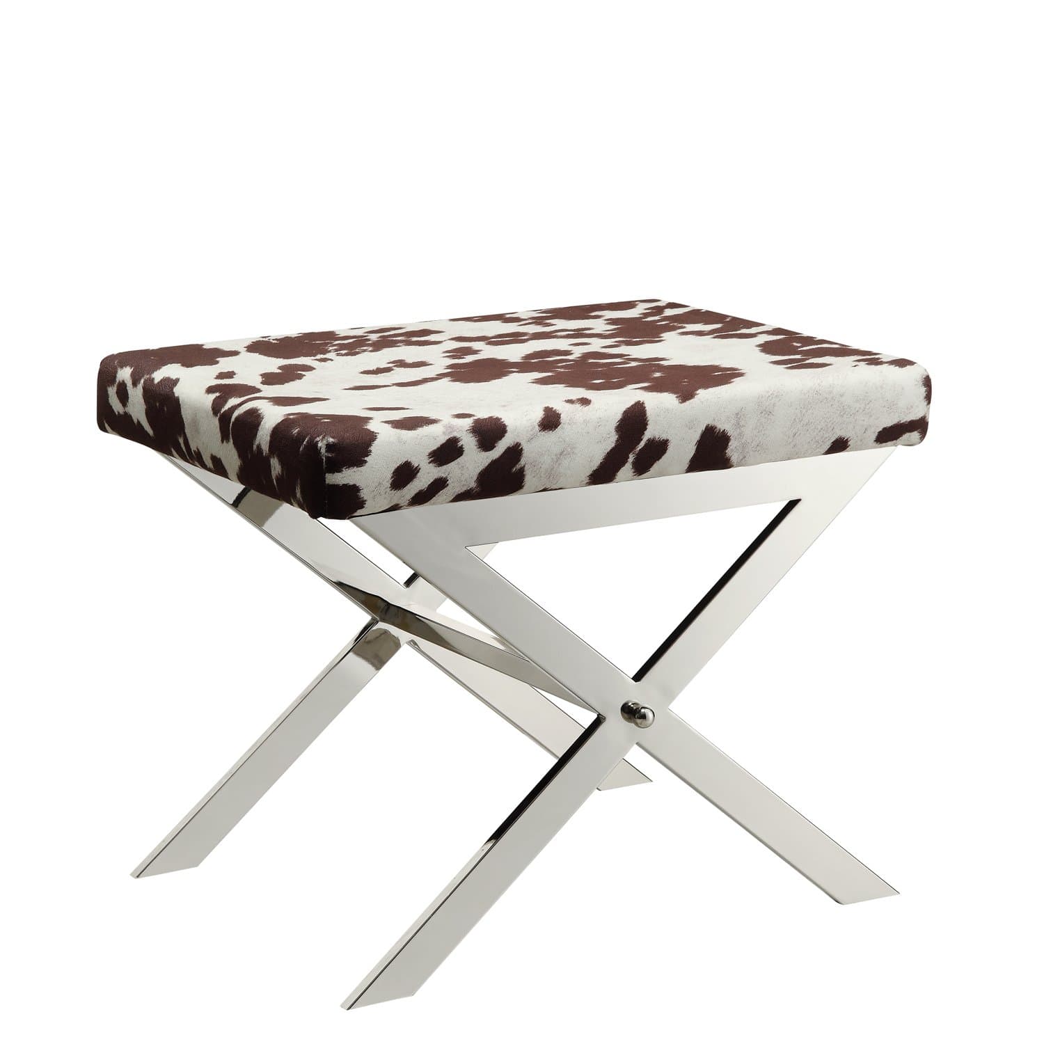 Versailles Contemporary Cow Hide Fabric X-Base Vanity Stool, Chrome Finish