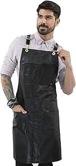 Under NY Sky Cross-Back Black Apron – Golden Hardware, Coated Twill, Leather Reinforcement, Split-Leg – Adjustable for Men, Women, Pro Barber, Tattoo, Hair Stylist, Barista, Bartender, Server Aprons