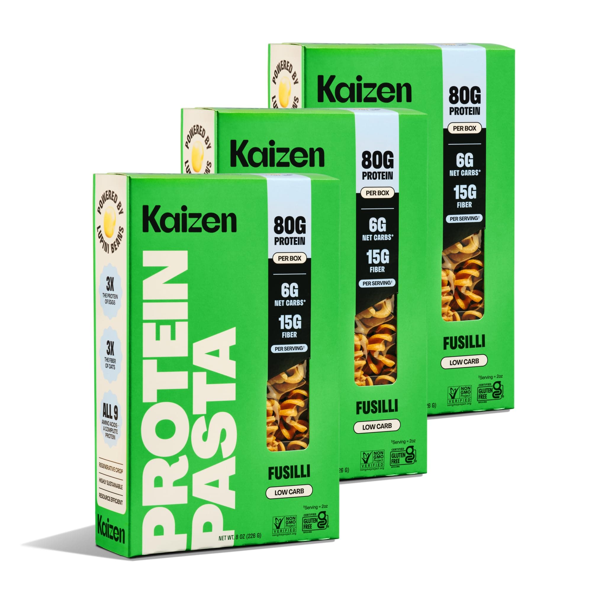 Kaizen Fusilli Protein Pasta, 20g Protein, Low Carb (6g Net Carbs), Keto-Friendly, Gluten-Free, Plant-Based Lupini Noodles, High Fiber, 8 Ounce, Pack of 3