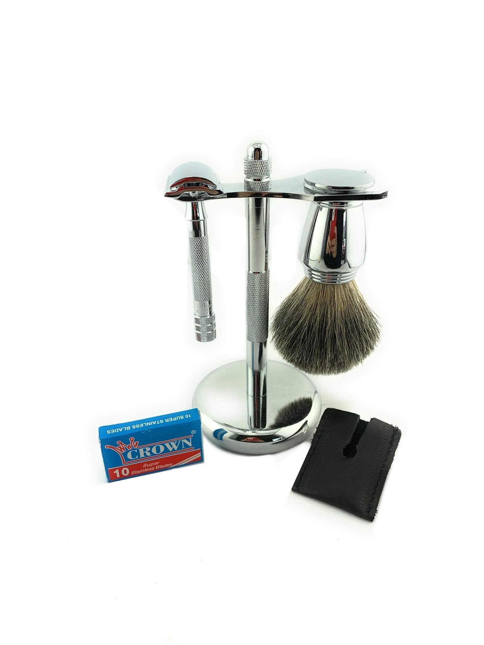 G.B.SShaving Set 33c DE Safety Razor, Chrome Shaving Brush and Dual Stand for Razor and Shaving Brush, Razor Head Sleeve and 10 Pack of Blades
