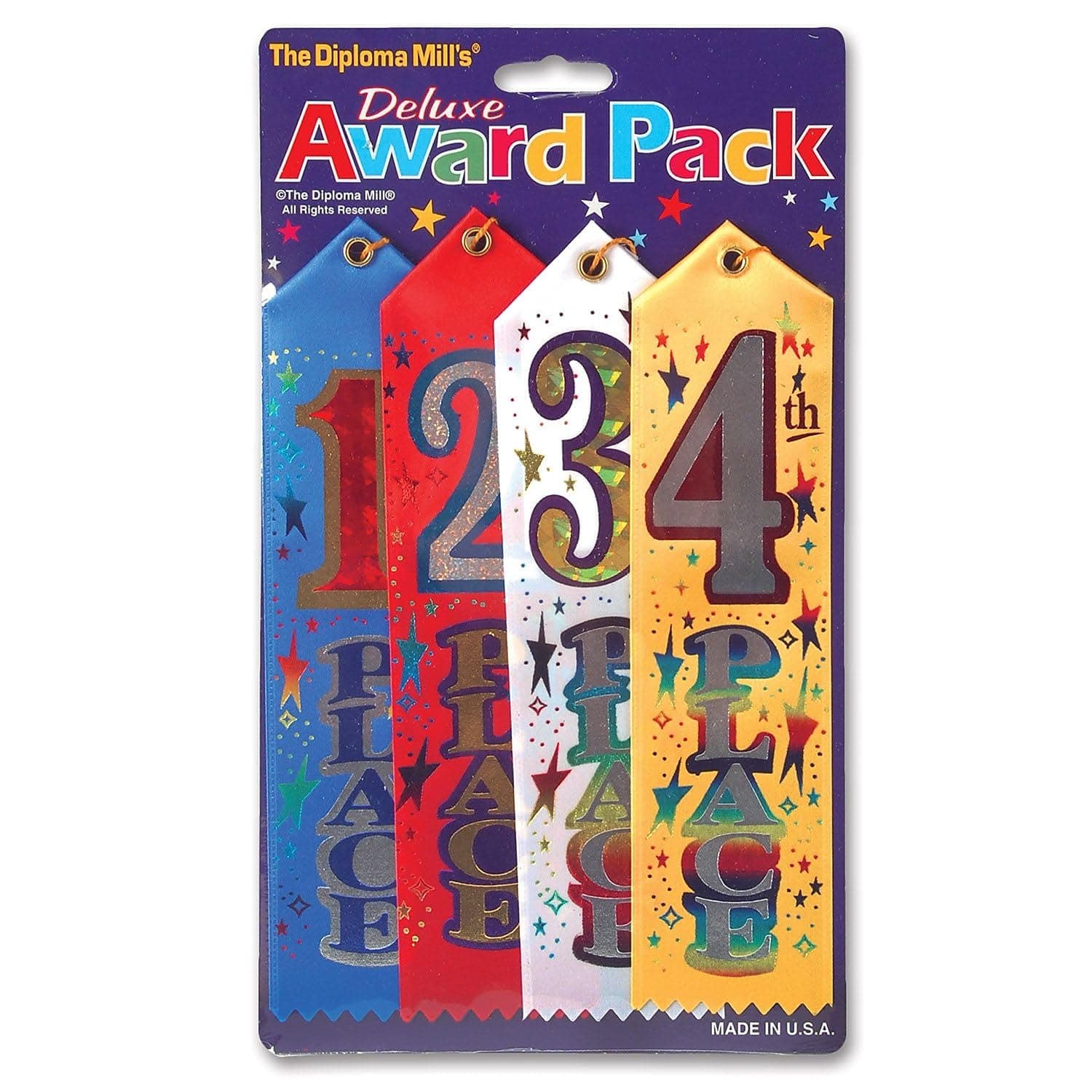 Beistle The Diploma Mill Award Pk - 1St- 2Nd- 3Rd- 4Th Place Ribbon Pack, multicolor ("2"" x 8""") (99005XXX)