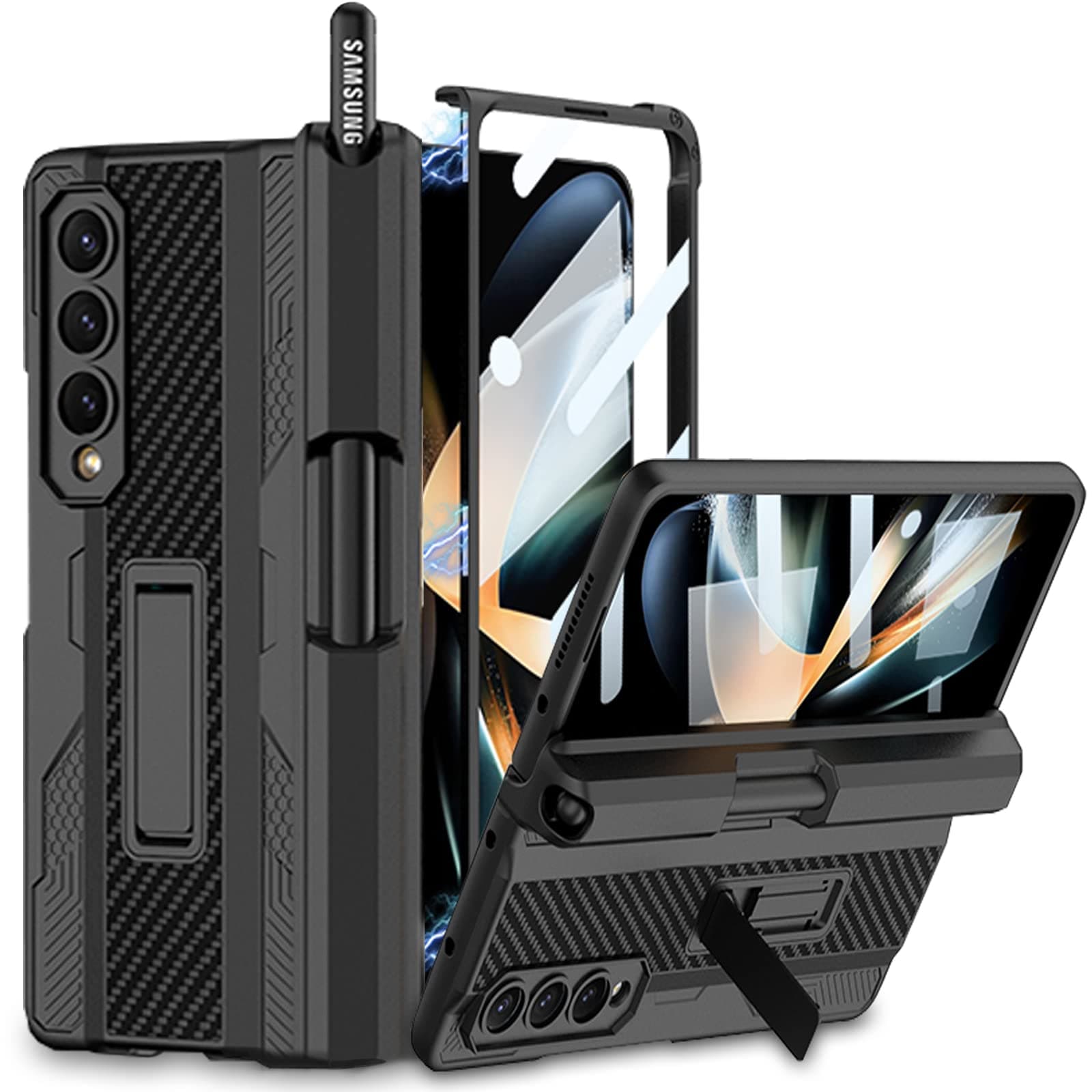 for Samsung Galaxy Z Fold 4 Case with Pen Holder,Hinges Protect The Built-in Pen Holder,with Screen Protector and Stand,Military Drop Protection Case for Galaxy Z Fold 4 (Black)