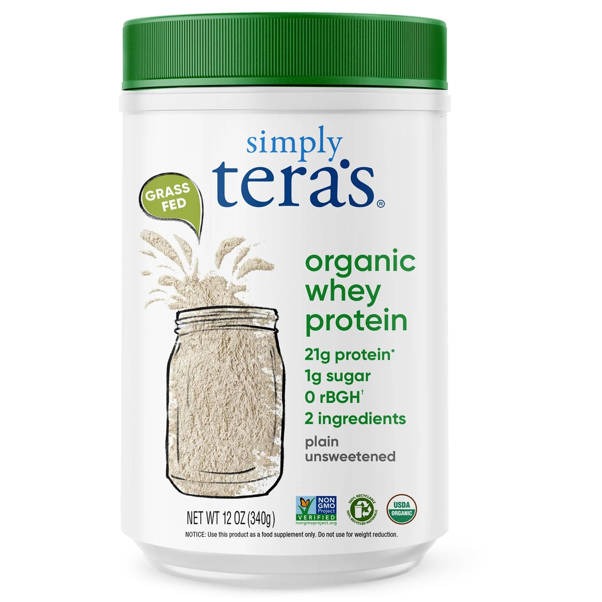 Tera's Whey Grass Fed Organic Whey Protein, Plain, 12 Ounce