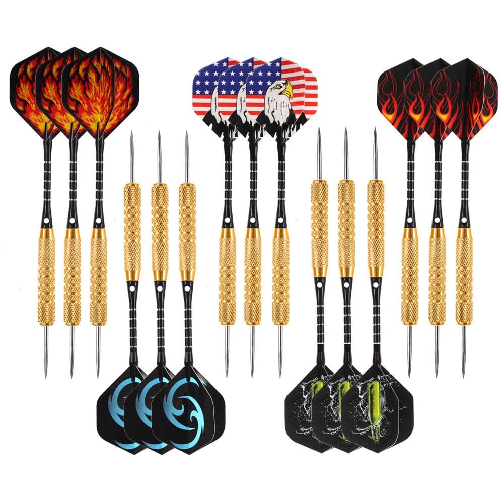 Darts Steel Tip Set (15 Pack) 18 Grams with Millstone Sharpener, 5 Set of Extra Flights, Aluminum Shaft, Brass Barrel and a Premium Storage Case, Perfect for All Levels Designed by Aterox