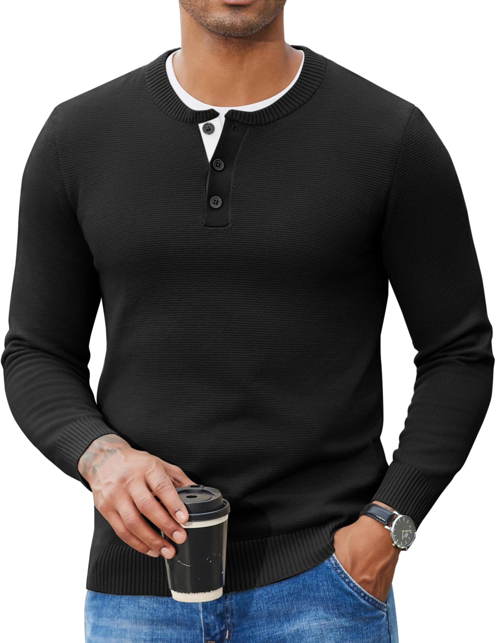 Men's Henley Sweater Long Sleeve Textured Pullover Sweaters Casual Button Crewneck Knit Sweater